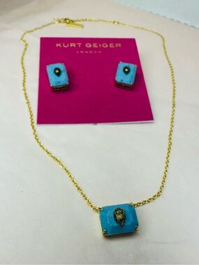 Kurt Geiger Gold-Tone Necklace and Turquoise Blue Stone Stud Set
